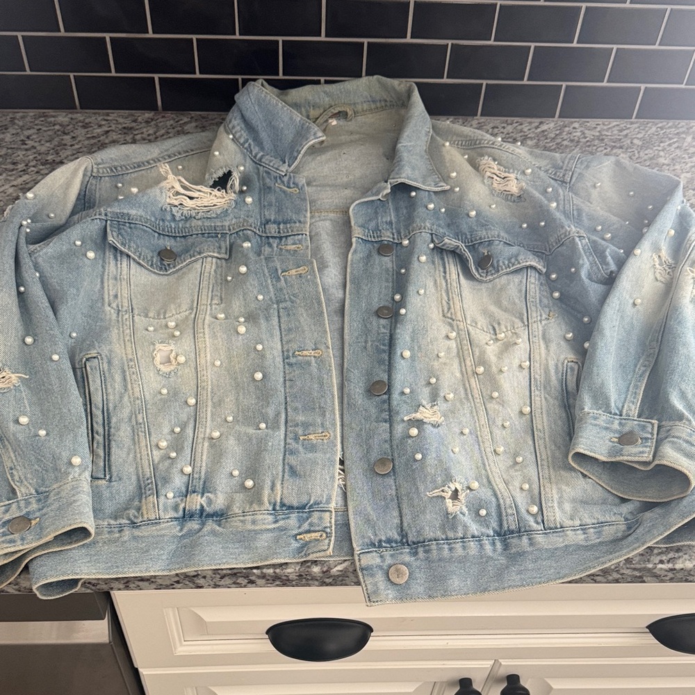 Free People Light Blue Distressed Jean Jacket with Pearl Accents